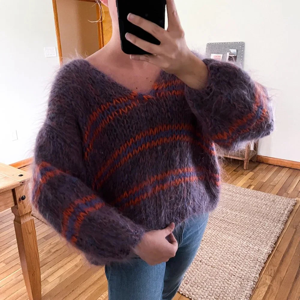 Les Tricots d'O Purple Kid Mohair Blend Striped Hand Knit V Neck Chunky Sweater - Picture 1 of 11